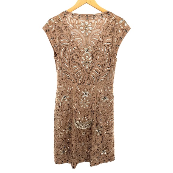 Sue Wong Nocturne Tan Soutache Sequin Floral V-Neck Cocktail Dress Size 12 - Picture 5 of 10